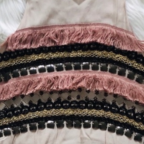 neutral pink embellished beaded mini dress with fringe (2) - Picture 3 of 6
